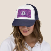 Modern Libra Zodiac Symbol on Fuchsia Digital Camo Trucker Pet (In situ)