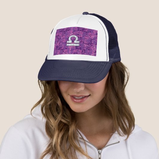 Modern Libra Zodiac Symbol on Fuchsia Digital Camo Trucker Pet (In situ)