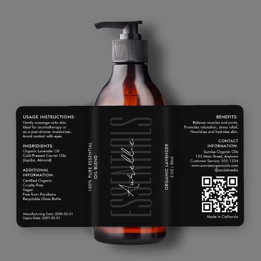 Modern Lichaamsbad Schoonheid Zwart Olie Fles Prod Etiket