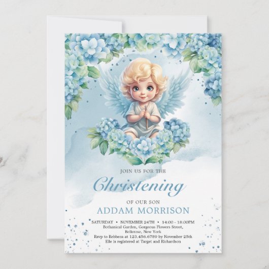 Modern Licht pastel blauw hortensia jongen engel Kaart (Voorkant)