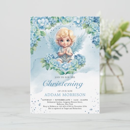 Modern Licht pastel blauw hortensia jongen engel Kaart (Staand voorkant)