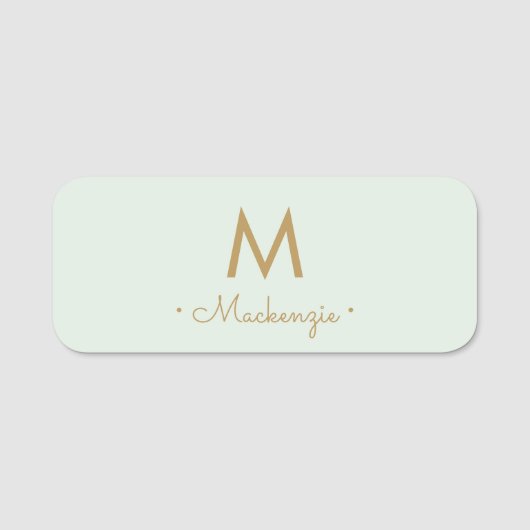 Modern Licht Sage Groen Goud Script Monogram Naamplaatje (Voorkant)