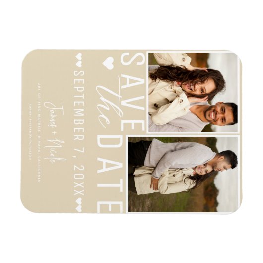 Modern Licht Tan Save the Date 2 Foto Bruiloft Magneet (Horizontaal)