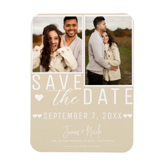 Modern Licht Tan Save the Date 2 Foto Bruiloft Magneet (Verticaal)