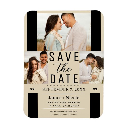 Modern Licht Tan Save the Date 3 Foto Bruiloft Magneet (Verticaal)