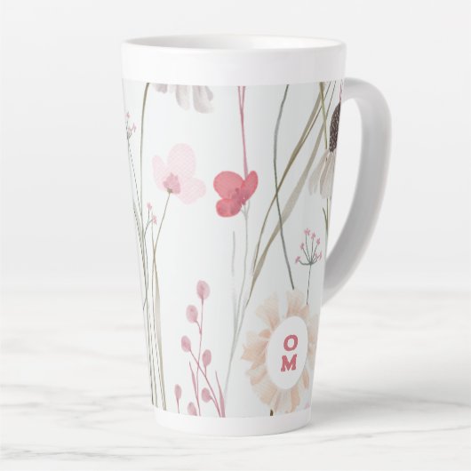 Modern Licht Wildflower Monogram Roze Groen Latte Mok (Rechterhoek)