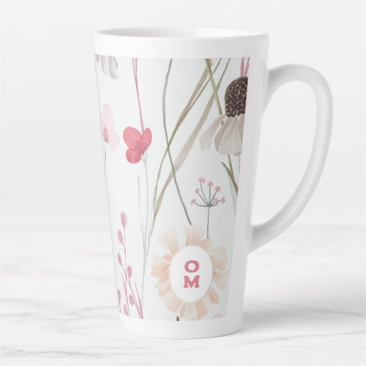 Modern Licht Wildflower Monogram Roze Groen Latte Mok (Rechts)