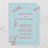 Modern lichtblauw en koraalblad bruiloft kaart (Voorkant / Achterkant)