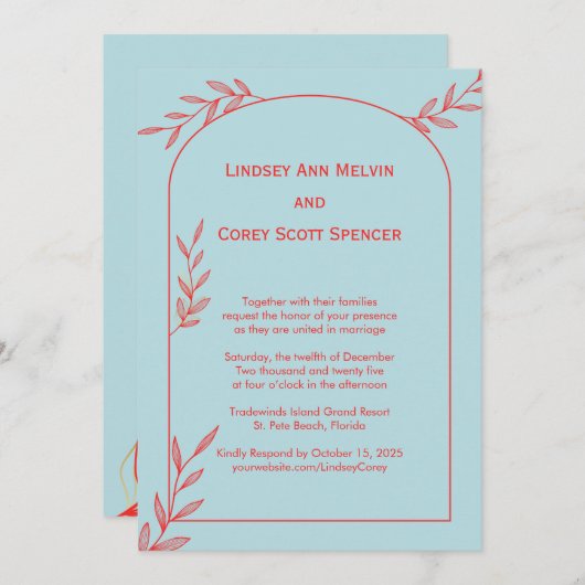 Modern lichtblauw en koraalblad bruiloft kaart (Voorkant / Achterkant)