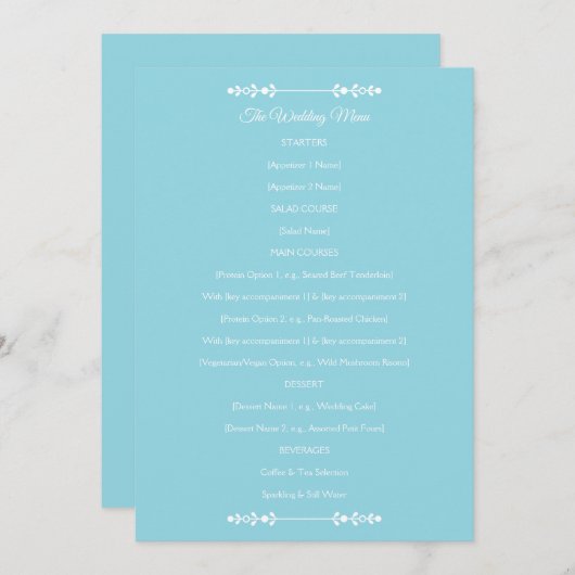 Modern lichtblauw en wit huwelijksmenu menu (Voorkant / Achterkant)
