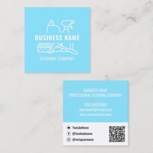 Modern lichtblauw met QR-code schoonmaakbedrijf Vierkante Visitekaartje (Voorkant / Achterkant)