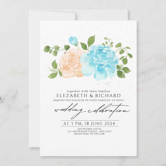 Modern Lichtblauw Perzik Bloemen Boeket Bruiloft Kaart (Voorkant)