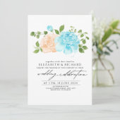 Modern Lichtblauw Perzik Bloemen Boeket Bruiloft Kaart (Staand voorkant)