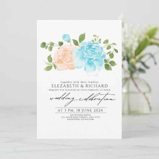 Modern Lichtblauw Perzik Bloemen Boeket Bruiloft Kaart (Staand voorkant)