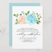 Modern Lichtblauw Perzik Bloemen Boeket Bruiloft Kaart (Voorkant / Achterkant)