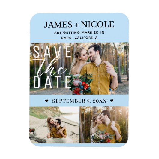 Modern Lichtblauw Save the Date Wedding 3 Foto's Magneet (Verticaal)