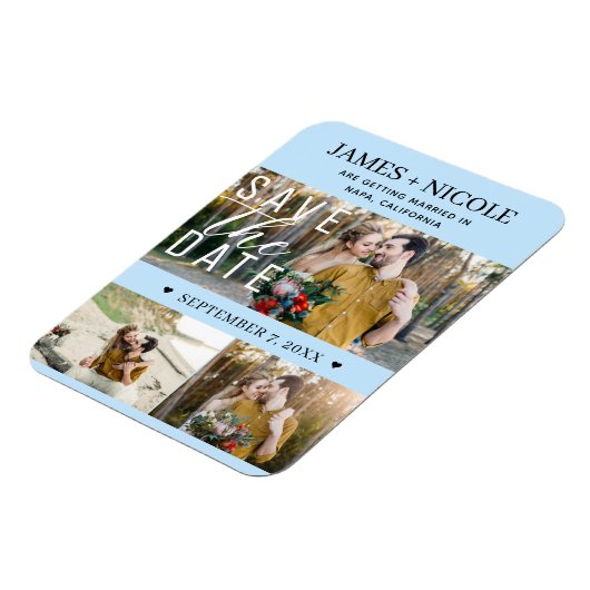 Modern Lichtblauw Save the Date Wedding 3 Foto's Magneet (Linkerzijde)