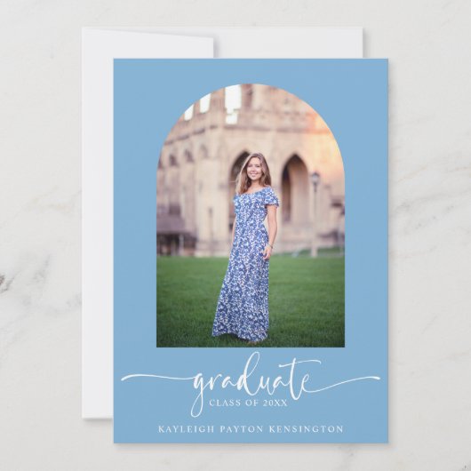 Modern Lichtblauw Script Afstuderen Arch Foto Aankondiging (Voorkant)