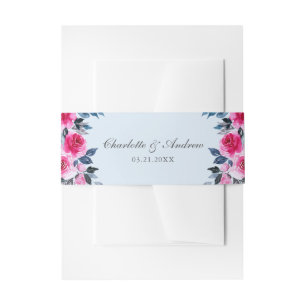 Modern Lichtblauw Waterverf Roze Rozen Bruiloft Uitnodigingen Wikkel