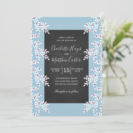 Modern Lichtblauw Winter Bruiloft krijtbord Kaart (Staand voorkant)