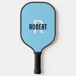 Modern lichtblauw wit monogram naam mannen pickleball paddle