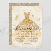 Modern Lichtgeel Goud Glitter Gown Quinceanera Kaart (Voorkant / Achterkant)