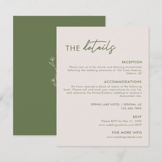 Modern Lichtgrijs & Olijfgroen bruiloft Details Informatiekaartje (Voorkant / Achterkant)