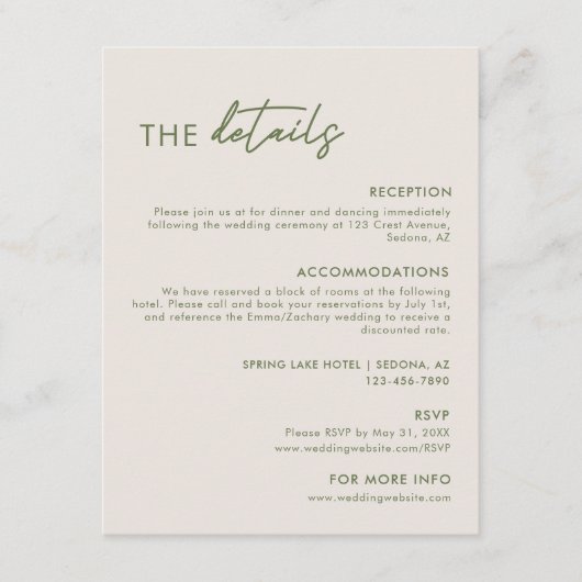 Modern Lichtgrijs & Olijfgroen bruiloft Details Informatiekaartje (Voorkant)