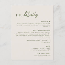 Modern Lichtgrijs & Olijfgroen bruiloft Details Informatiekaartje