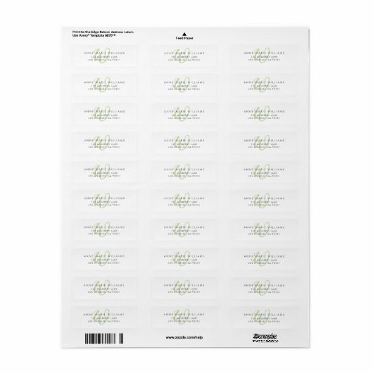 Modern lichtgroen script monogram etiket (Full Sheet)