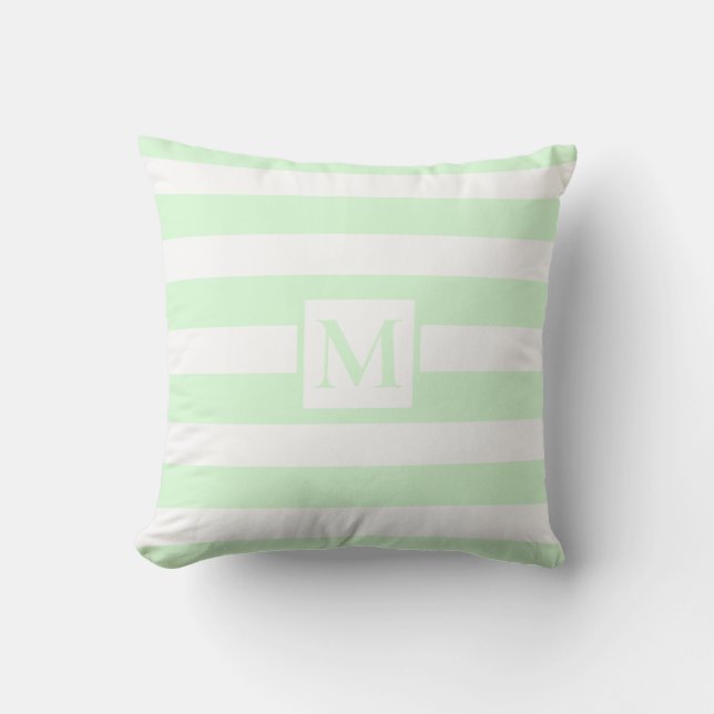 Modern lichtgroen wit strips monogram buitenkussen (Voorkant)
