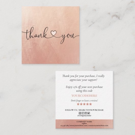 modern lichtroze hart bedankt voor je bestelling vierkante visitekaartje (Voorkant / Achterkant)