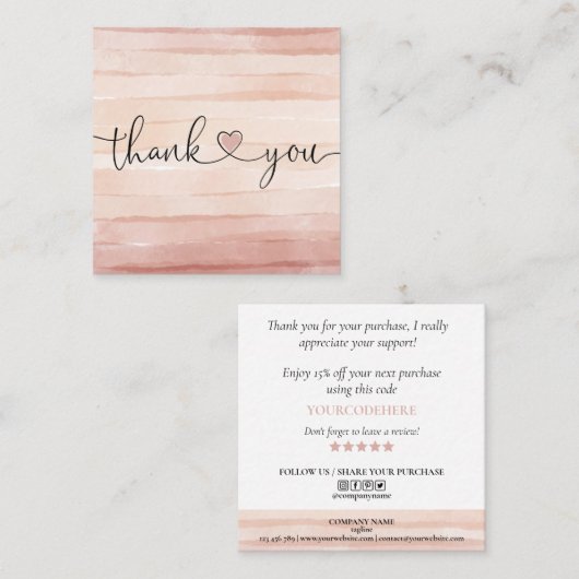 modern lichtroze hart bedankt voor je bestelling vierkante visitekaartje (Voorkant / Achterkant)