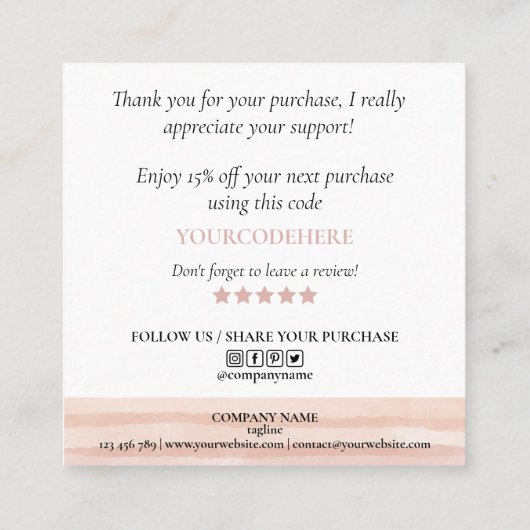 modern lichtroze hart bedankt voor je bestelling vierkante visitekaartje (Achterkant)