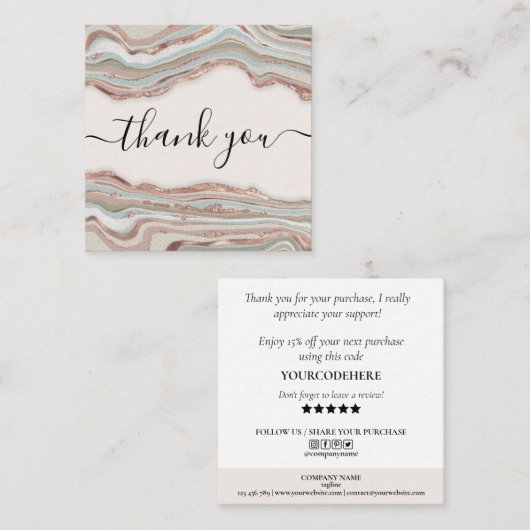 modern lichtroze roze agate bedankt voor je bestel vierkante visitekaartje (Voorkant / Achterkant)