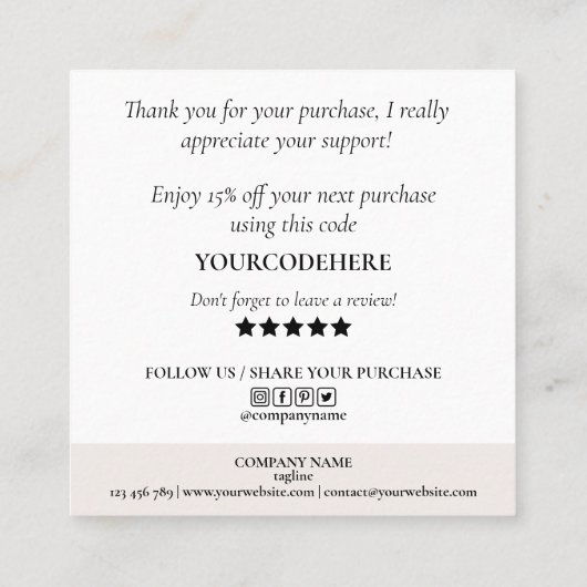 modern lichtroze roze agate bedankt voor je bestel vierkante visitekaartje (Achterkant)