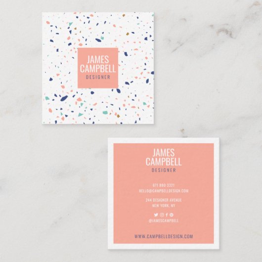 Modern lichtroze terrazzo marmeren abstract patroo vierkante visitekaartje (Voorkant / Achterkant)