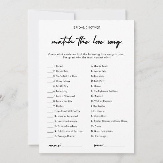 Modern Liefde Song Match Vrijgezellenfeest Game Ka Kaart (Voorkant)