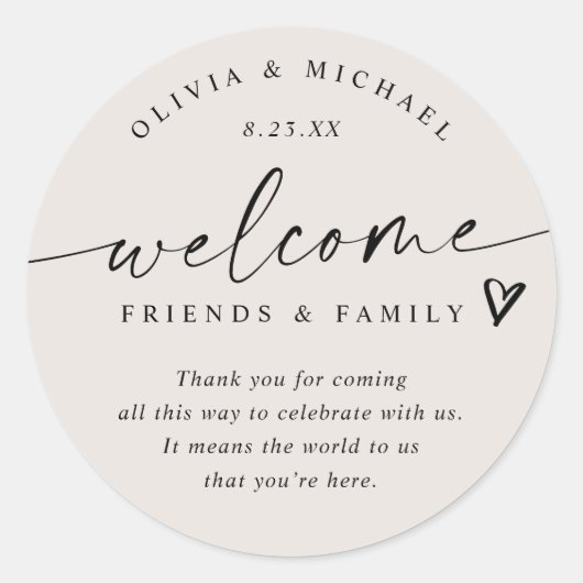 Modern Light Beige Tan Wedding Welcome Hotel Bag Ronde Sticker (Voorkant)