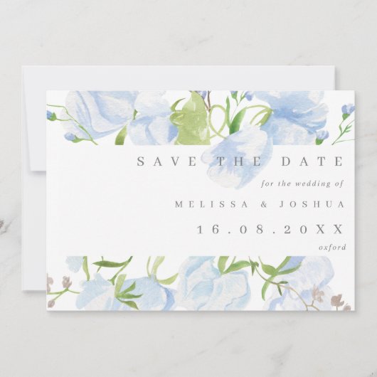 Modern Light Blue Floral QR Code Wedding Save The Date (Voorkant)
