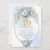 Modern Light Blue Flowers 70th Birthday Invitation Kaart (Voorkant)