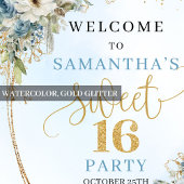 Modern Light Blue Flowers Sweet 16 Welcome Poster