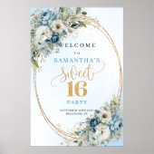 Modern Light Blue Flowers Sweet 16 Welcome Poster (Voorkant)