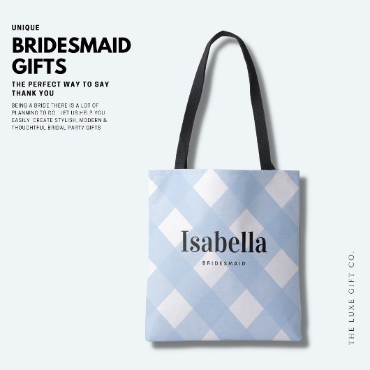 Modern Light Blue Gingham Check Bridesmaid Bag Tote Bag