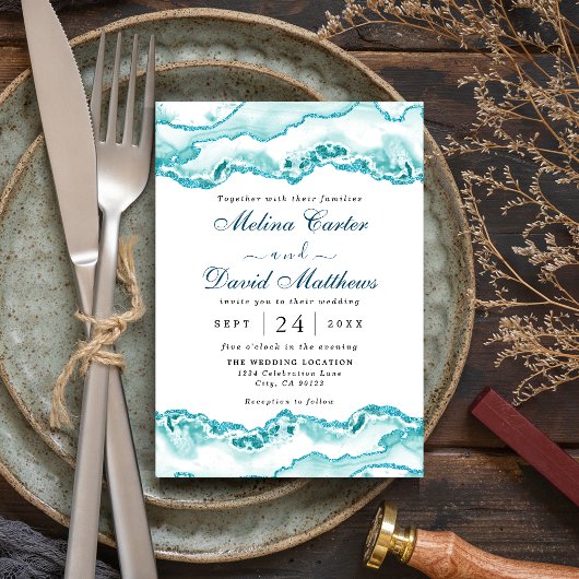 Modern Light Blue Marble Wedding Invitation Save The Date
