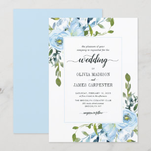 Modern Light Blue Navy Botanical Floral Wedding Kaart