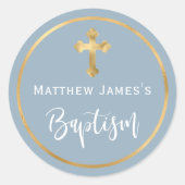 Modern Light Dusty Blue Gold Cross Boy Baptism  Ronde Sticker (Voorkant)