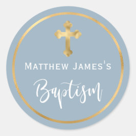 Modern Light Dusty Blue Gold Cross Boy Baptism  Ronde Sticker