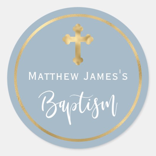 Modern Light Dusty Blue Gold Cross Boy Baptism Ronde Sticker (Voorkant)