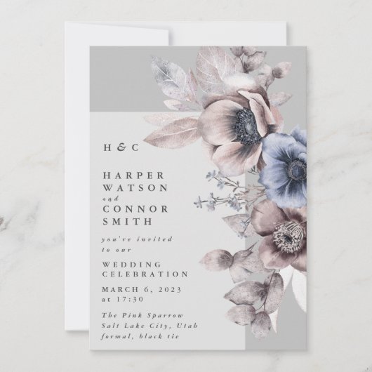 Modern Light Grey Dry Winter Floral Wedding Kaart (Voorkant)